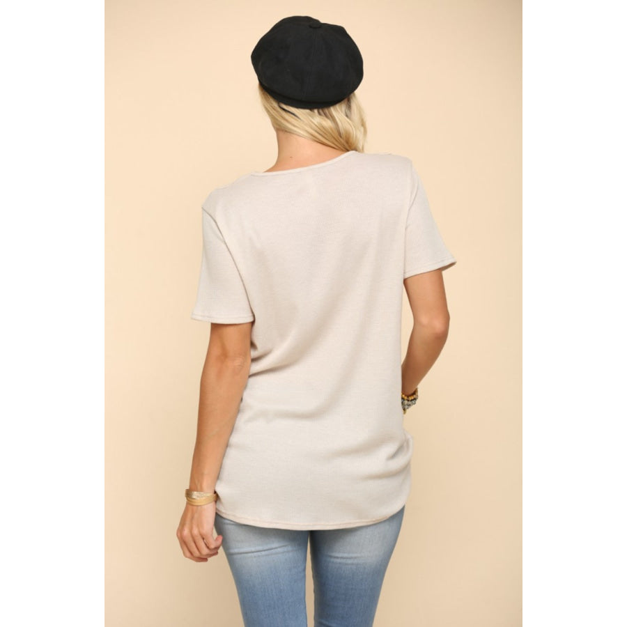 Celeste Full Size Crisscross Cutout Short Sleeve T-Shirt Beige / S Apparel and Accessories