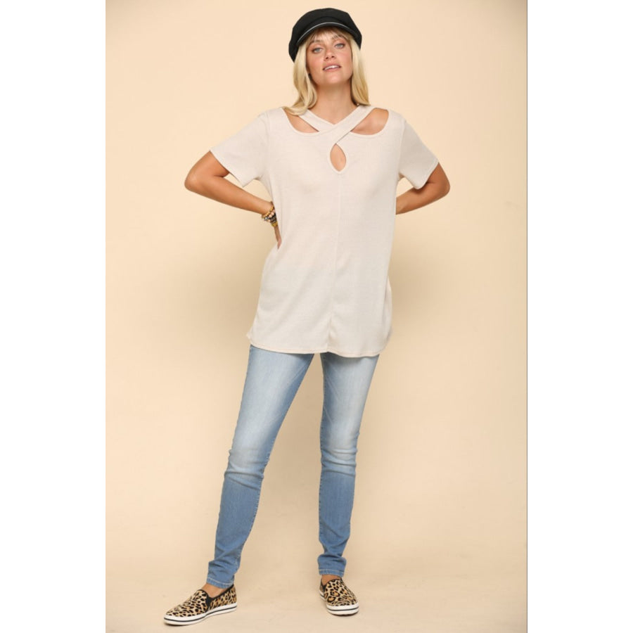 Celeste Full Size Crisscross Cutout Short Sleeve T-Shirt Apparel and Accessories