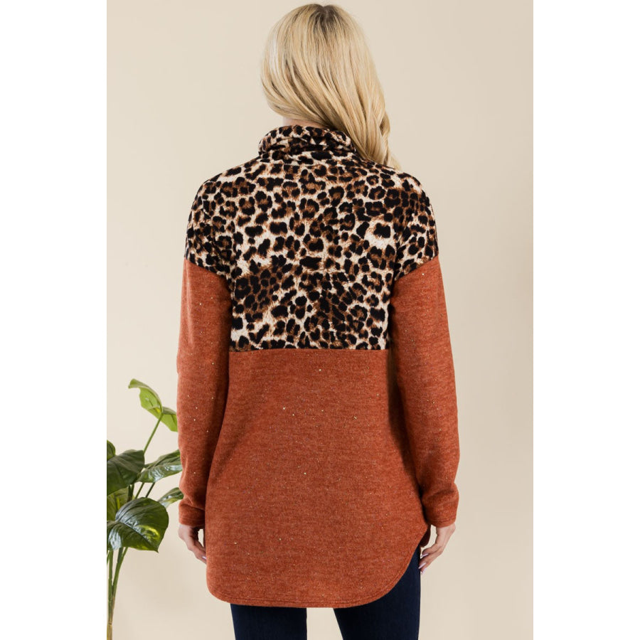 Celeste Full Size Curved Hem Leopard Turtleneck Long Sleeve Blouse Apparel and Accessories