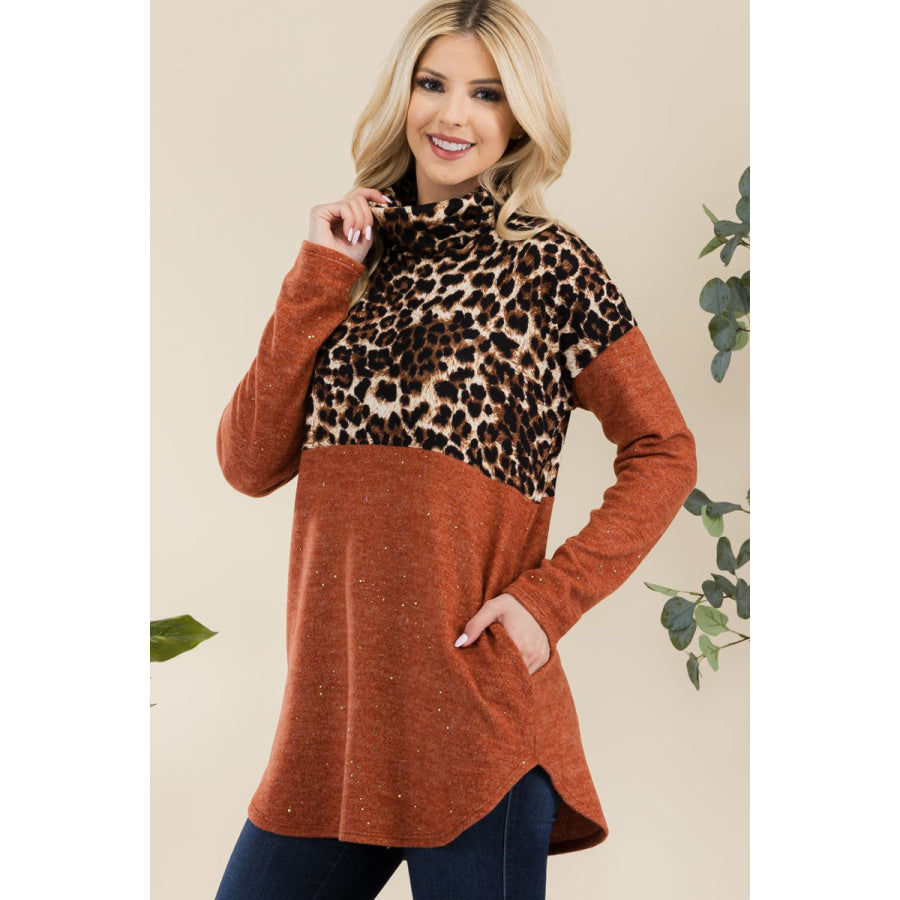 Celeste Full Size Curved Hem Leopard Turtleneck Long Sleeve Blouse Apparel and Accessories