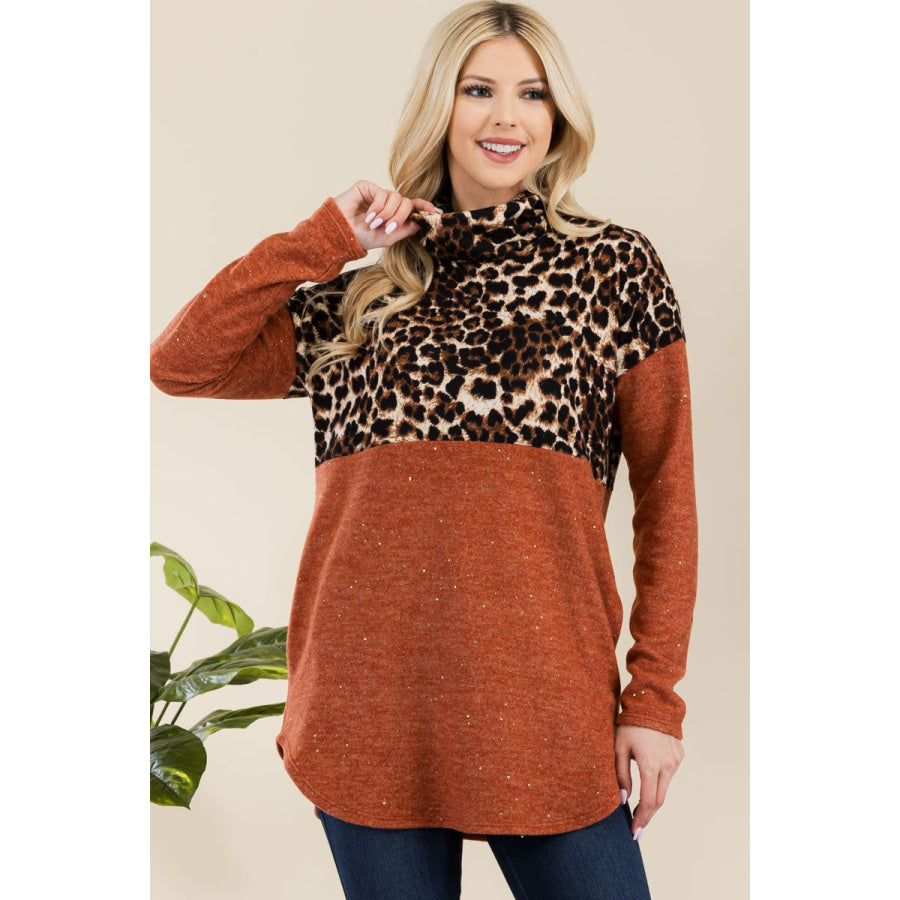 Celeste Full Size Curved Hem Leopard Turtleneck Long Sleeve Blouse Rust/Leopard / S Apparel and Accessories