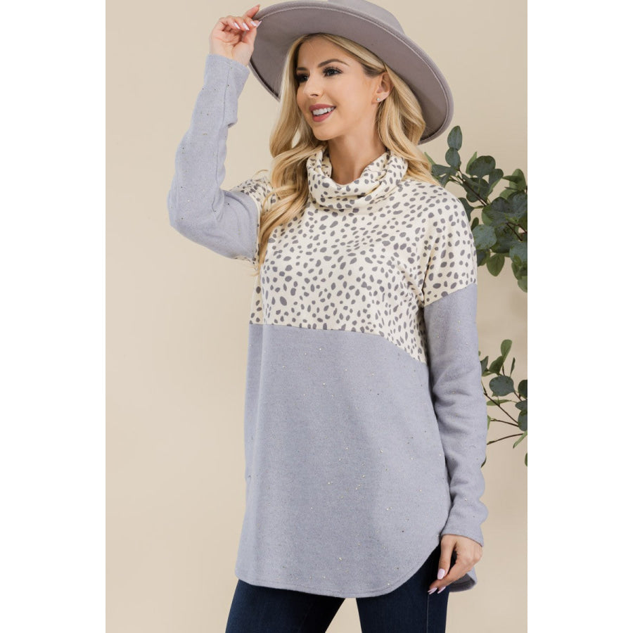 Celeste Full Size Curved Hem Printed Turtleneck Long Sleeve Blouse Apparel and Accessories