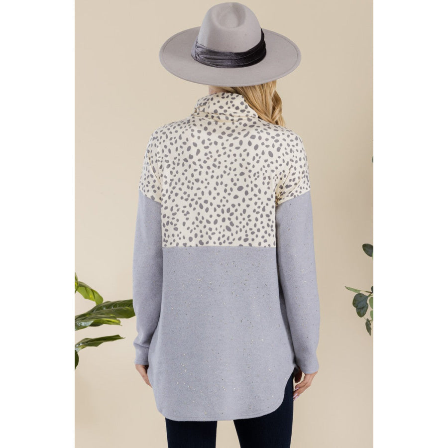 Celeste Full Size Curved Hem Printed Turtleneck Long Sleeve Blouse Apparel and Accessories