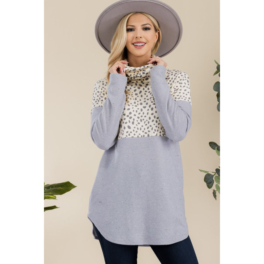 Celeste Full Size Curved Hem Printed Turtleneck Long Sleeve Blouse Grey / S Apparel and Accessories