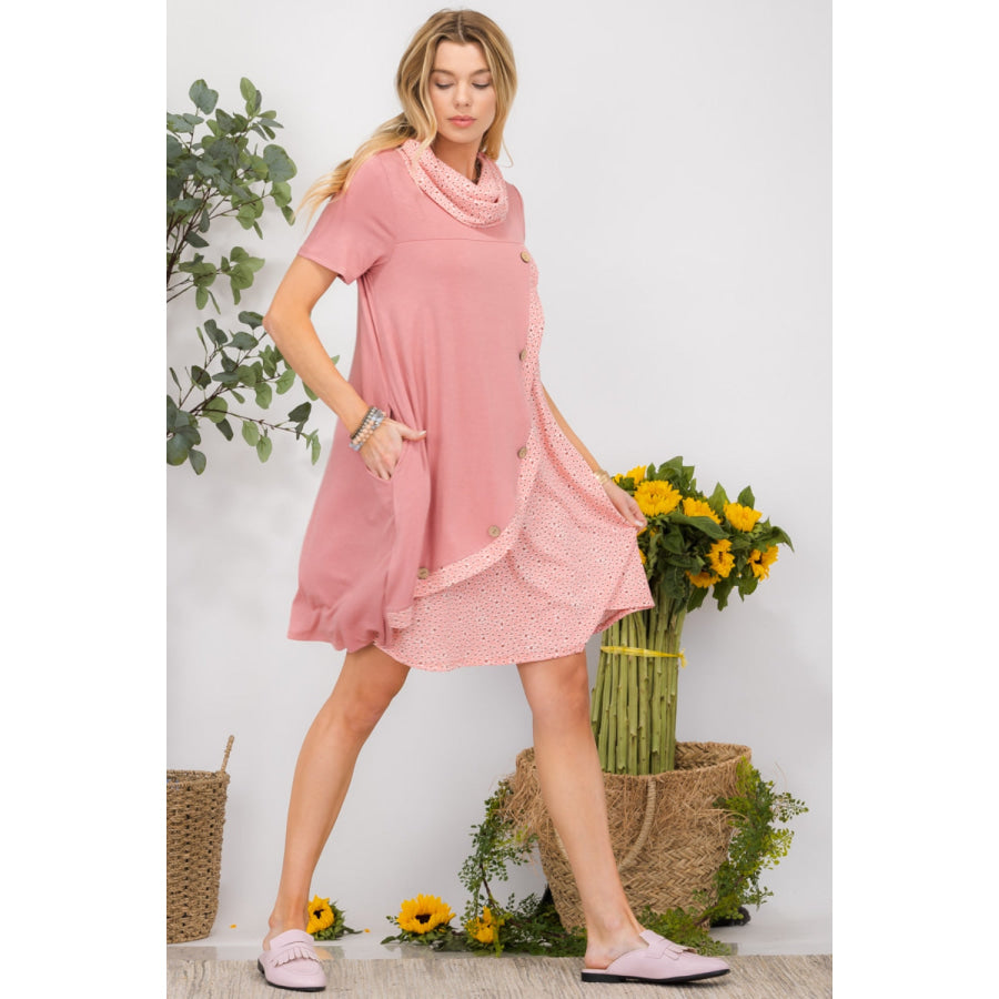 Celeste Full Size Decor Button Short Sleeve Dress with Pockets Apparel and Accessories