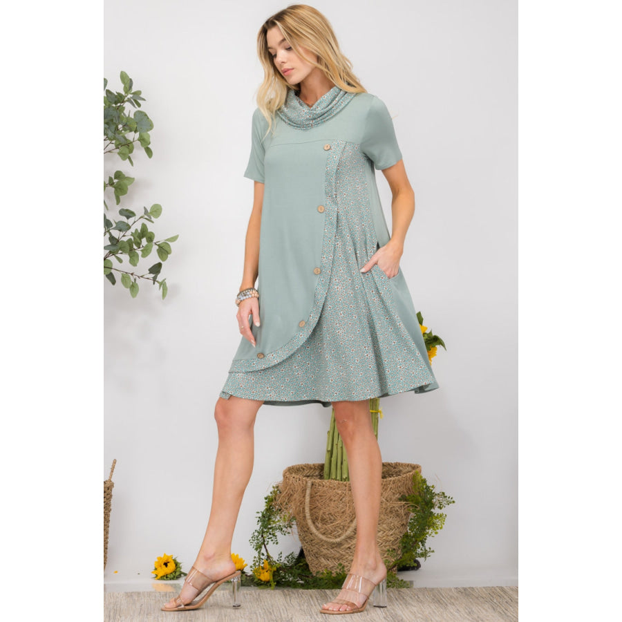 Celeste Full Size Decor Button Short Sleeve Dress with Pockets Apparel and Accessories
