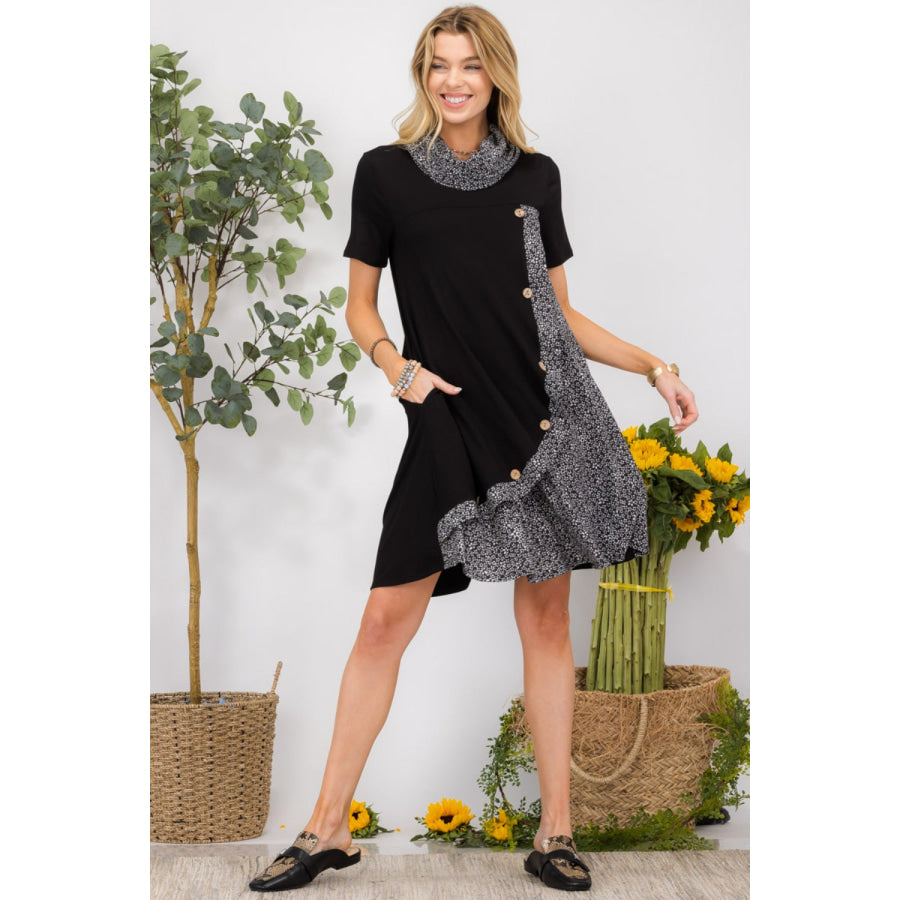 Celeste Full Size Decor Button Short Sleeve Dress with Pockets Black / S Apparel and Accessories