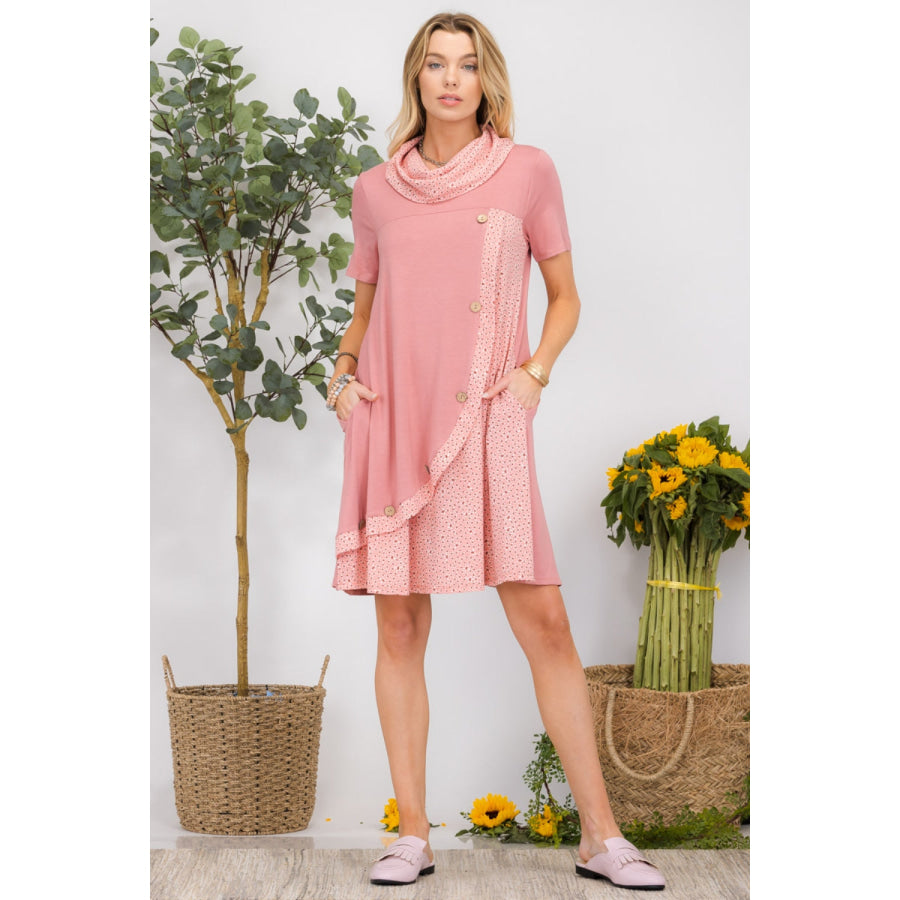 Celeste Full Size Decor Button Short Sleeve Dress with Pockets Cinnamon / S Apparel and Accessories