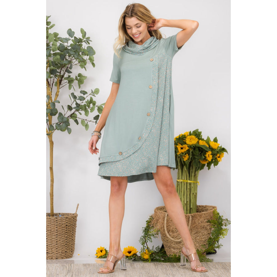 Celeste Full Size Decor Button Short Sleeve Dress with Pockets Sage / S Apparel and Accessories