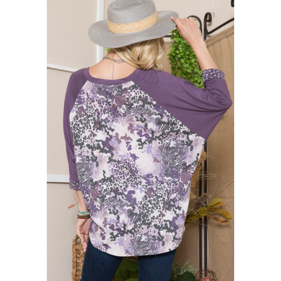 Celeste Full Size Floral Contrast Raglan Sleeve Top Apparel and Accessories