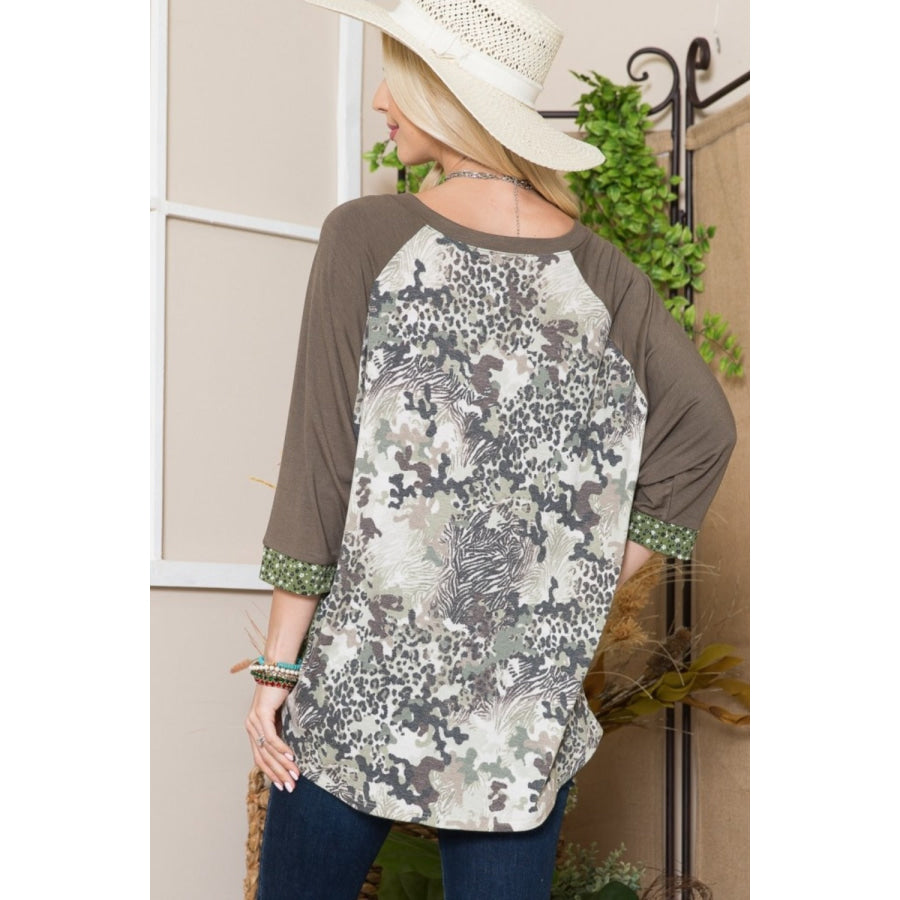 Celeste Full Size Floral Contrast Raglan Sleeve Top Apparel and Accessories