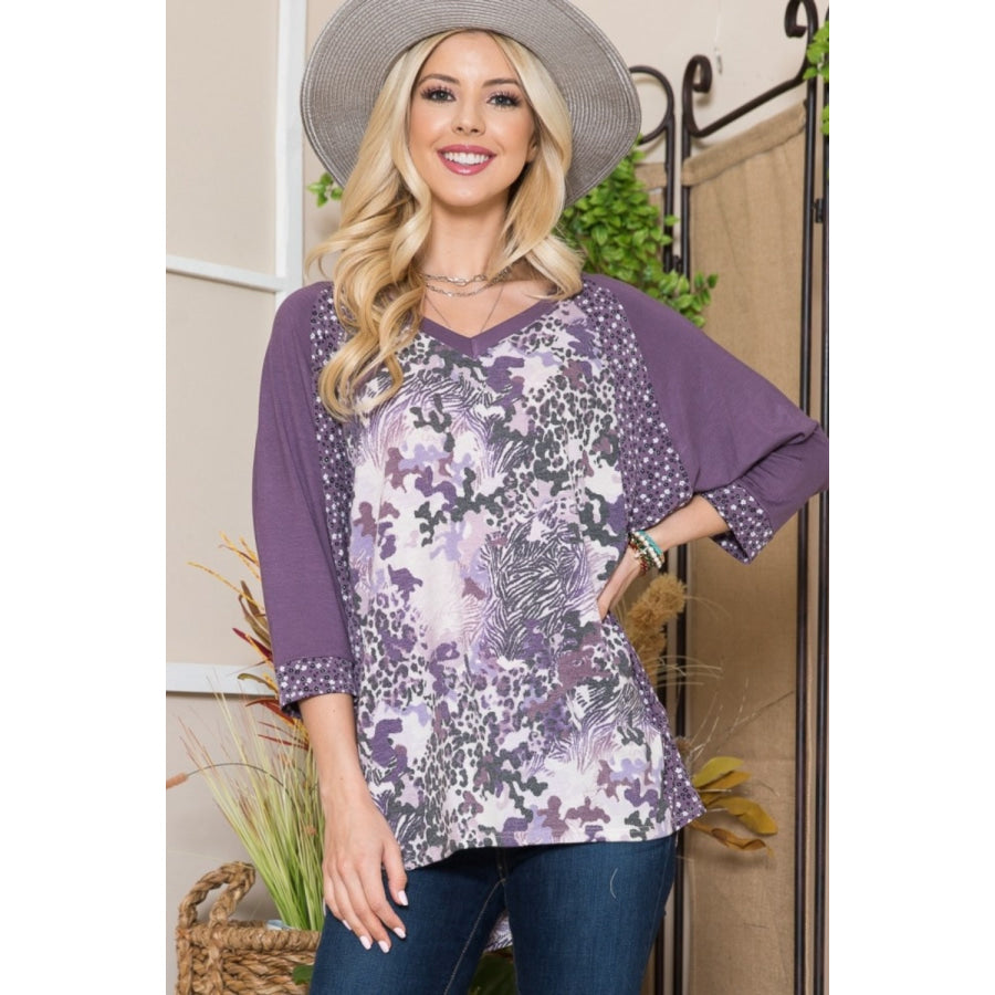 Celeste Full Size Floral Contrast Raglan Sleeve Top Apparel and Accessories