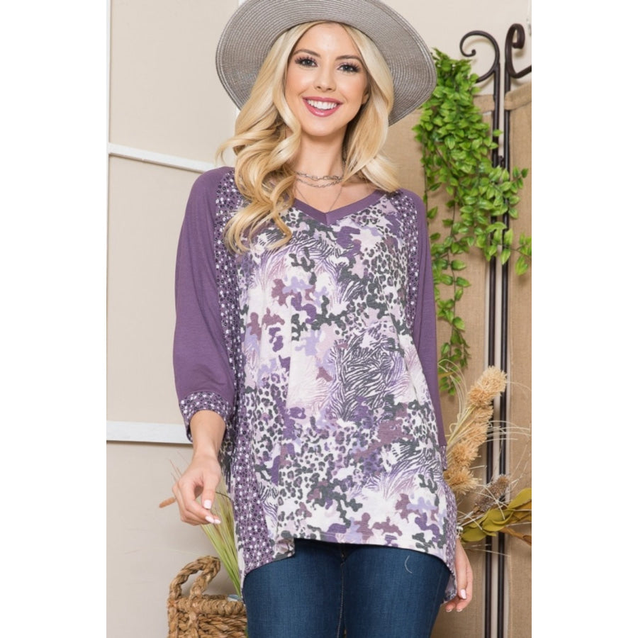 Celeste Full Size Floral Contrast Raglan Sleeve Top Purple / S Apparel and Accessories