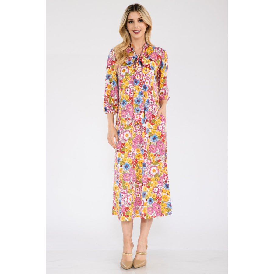 Celeste Full Size Floral Midi Dress with Bow Tied Apparel and Accessories