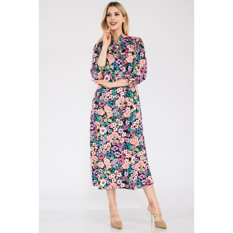 Celeste Full Size Floral Midi Dress with Bow Tied Apparel and Accessories