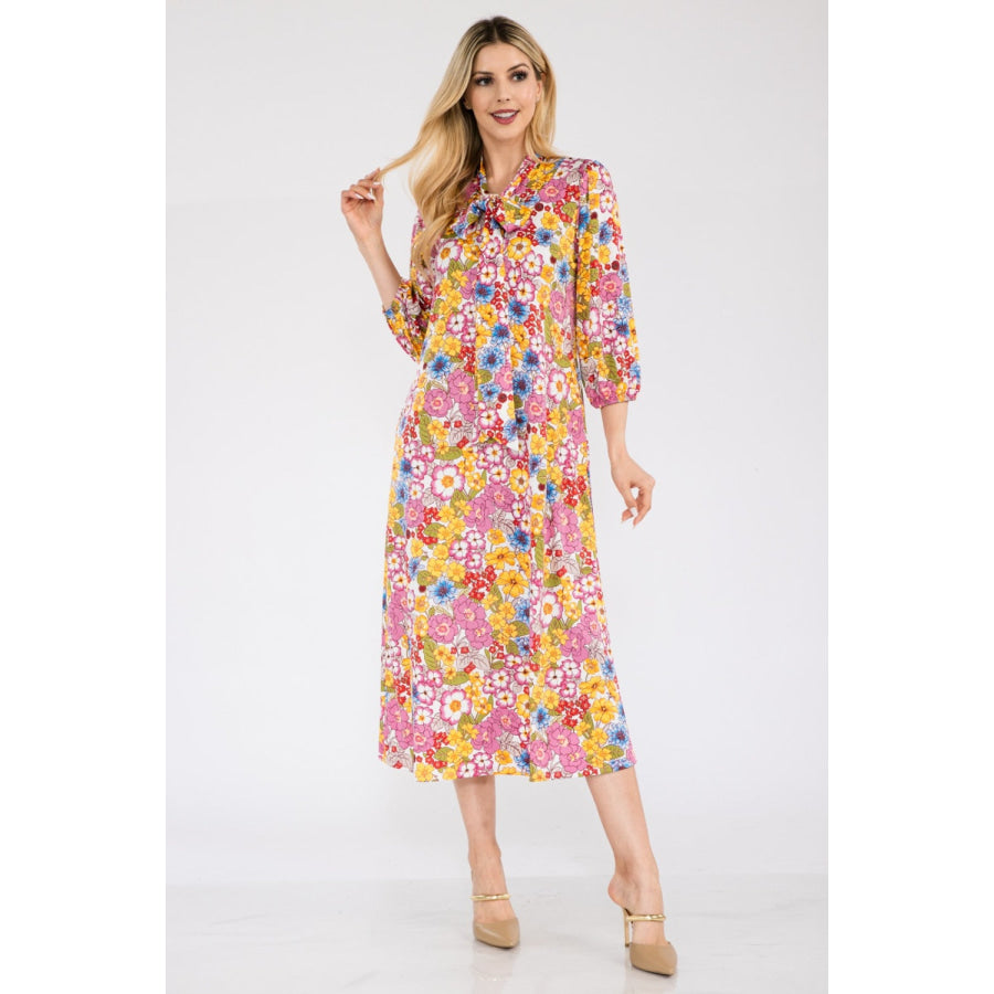 Celeste Full Size Floral Midi Dress with Bow Tied Apparel and Accessories