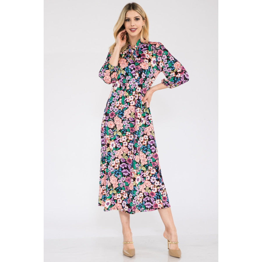 Celeste Full Size Floral Midi Dress with Bow Tied Apparel and Accessories