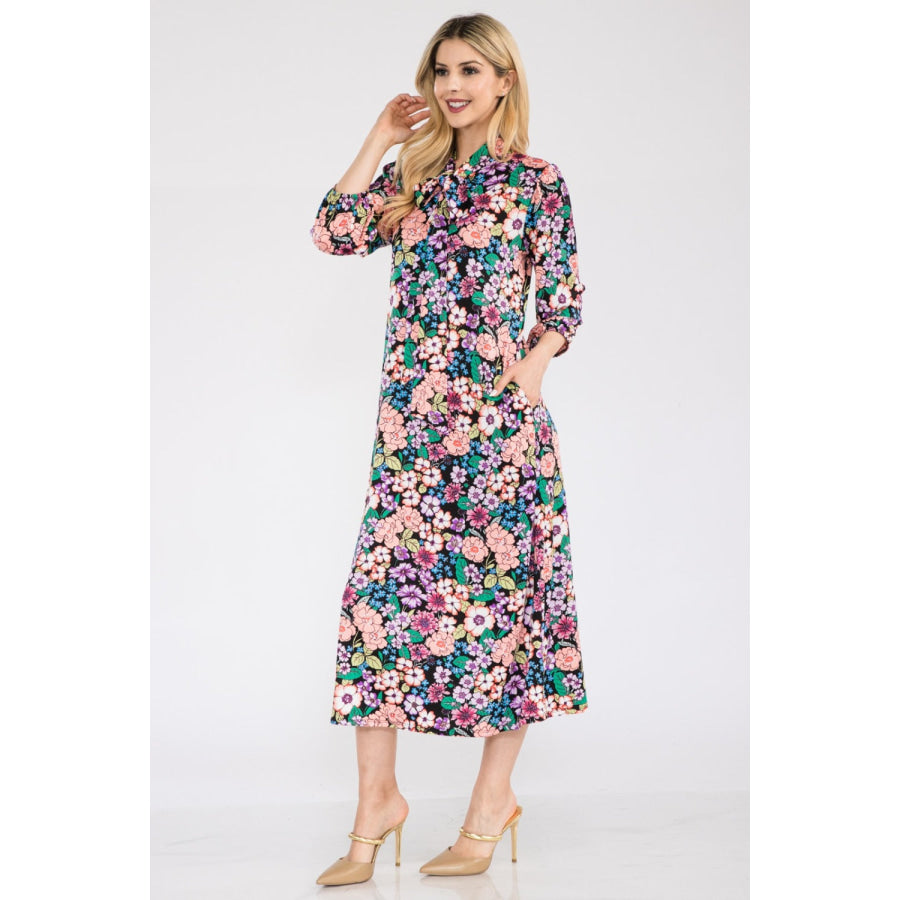 Celeste Full Size Floral Midi Dress with Bow Tied Apparel and Accessories