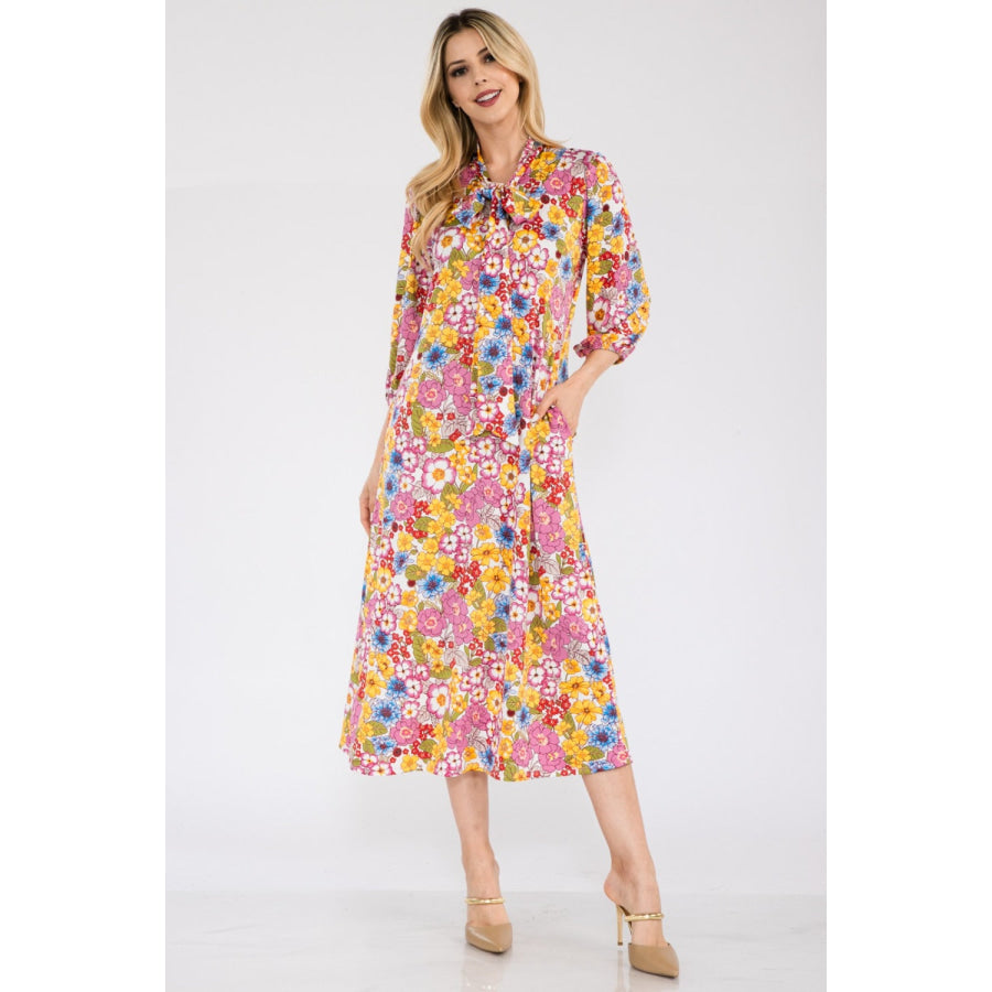 Celeste Full Size Floral Midi Dress with Bow Tied Apparel and Accessories