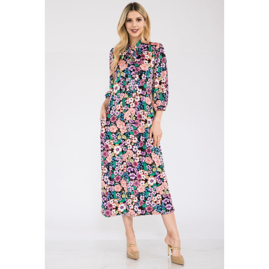 Celeste Full Size Floral Midi Dress with Bow Tied Black Floral / S Apparel and Accessories