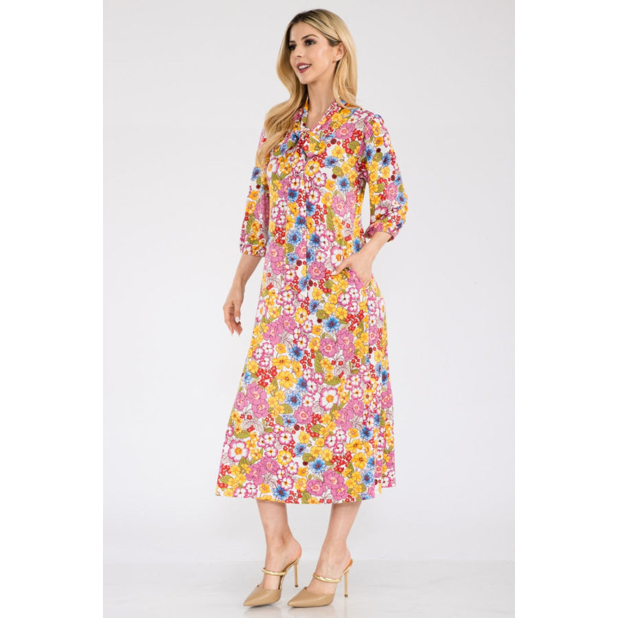 Celeste Full Size Floral Midi Dress with Bow Tied Ivory Floral / S Apparel and Accessories