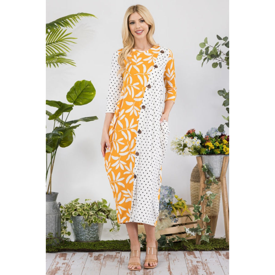 Celeste Full Size Floral Polka Dot Contrast Midi-Dress with Pockets Apparel and Accessories