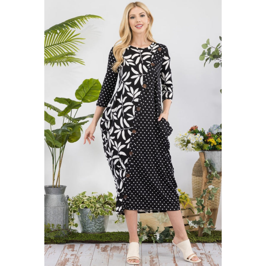 Celeste Full Size Floral Polka Dot Contrast Midi-Dress with Pockets Apparel and Accessories