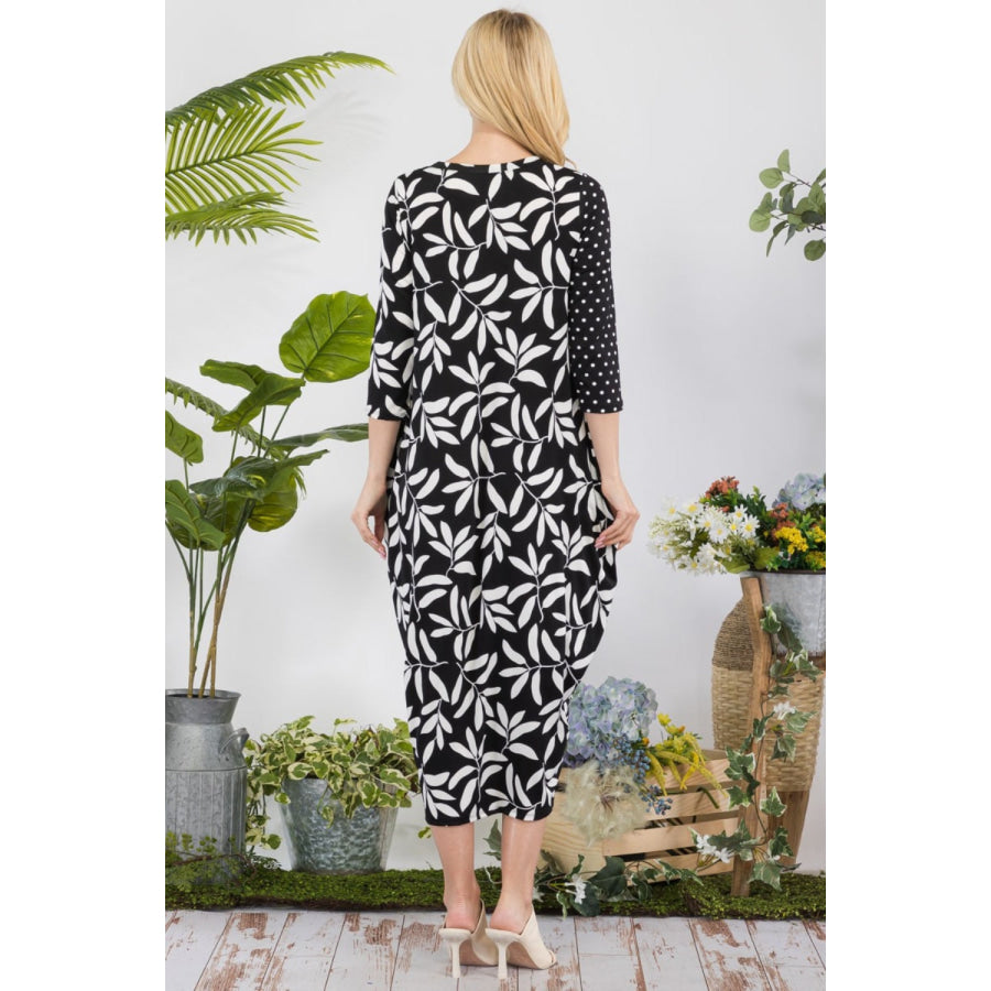 Celeste Full Size Floral Polka Dot Contrast Midi-Dress with Pockets Black Polka / S Apparel and Accessories