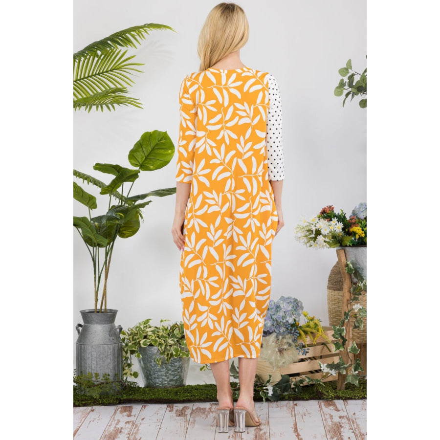 Celeste Full Size Floral Polka Dot Contrast Midi-Dress with Pockets Mustard Polka / S Apparel and Accessories