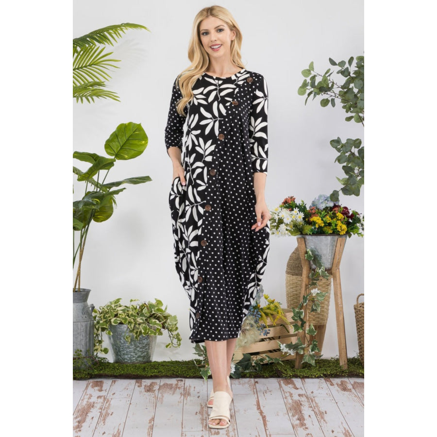 Celeste Full Size Floral Polka Dot Contrast Midi-Dress with Pockets Black Polka / S Apparel and Accessories