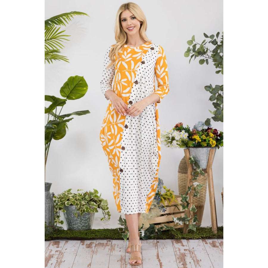 Celeste Full Size Floral Polka Dot Contrast Midi-Dress with Pockets Mustard Polka / S Apparel and Accessories