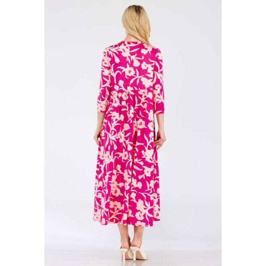Celeste Full Size Floral Round Neck Ruffle Hem Dress FUCHSIA / S Apparel and Accessories