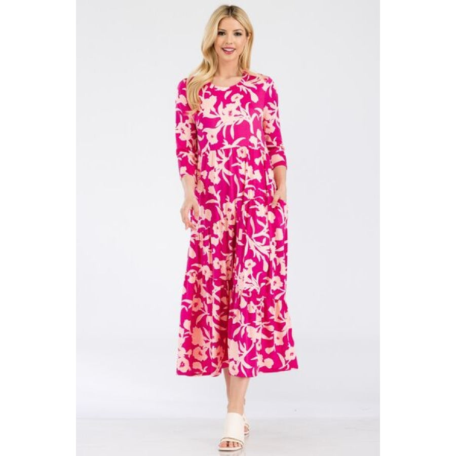 Celeste Full Size Floral Round Neck Ruffle Hem Dress Apparel and Accessories