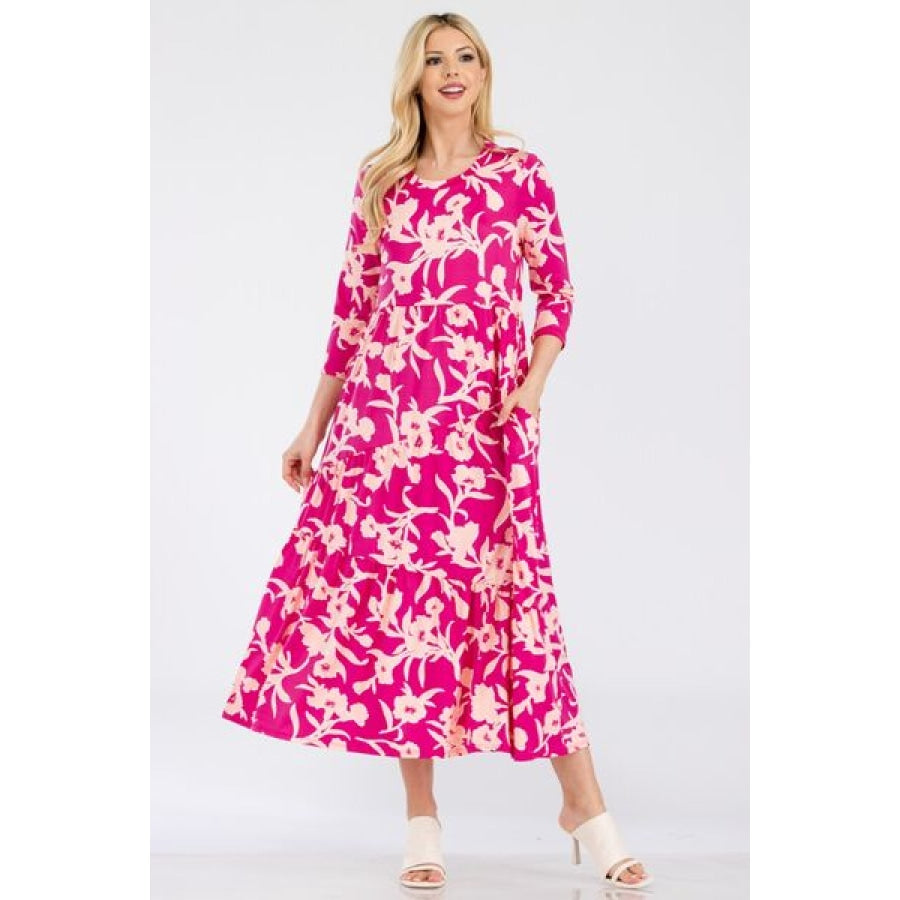 Celeste Full Size Floral Round Neck Ruffle Hem Dress FUCHSIA / S Apparel and Accessories