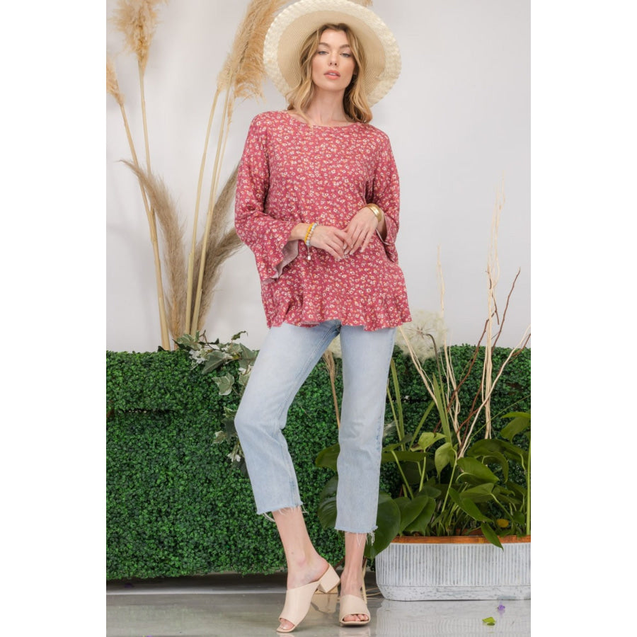 Celeste Full Size Floral Ruffle Detail Top Apparel and Accessories