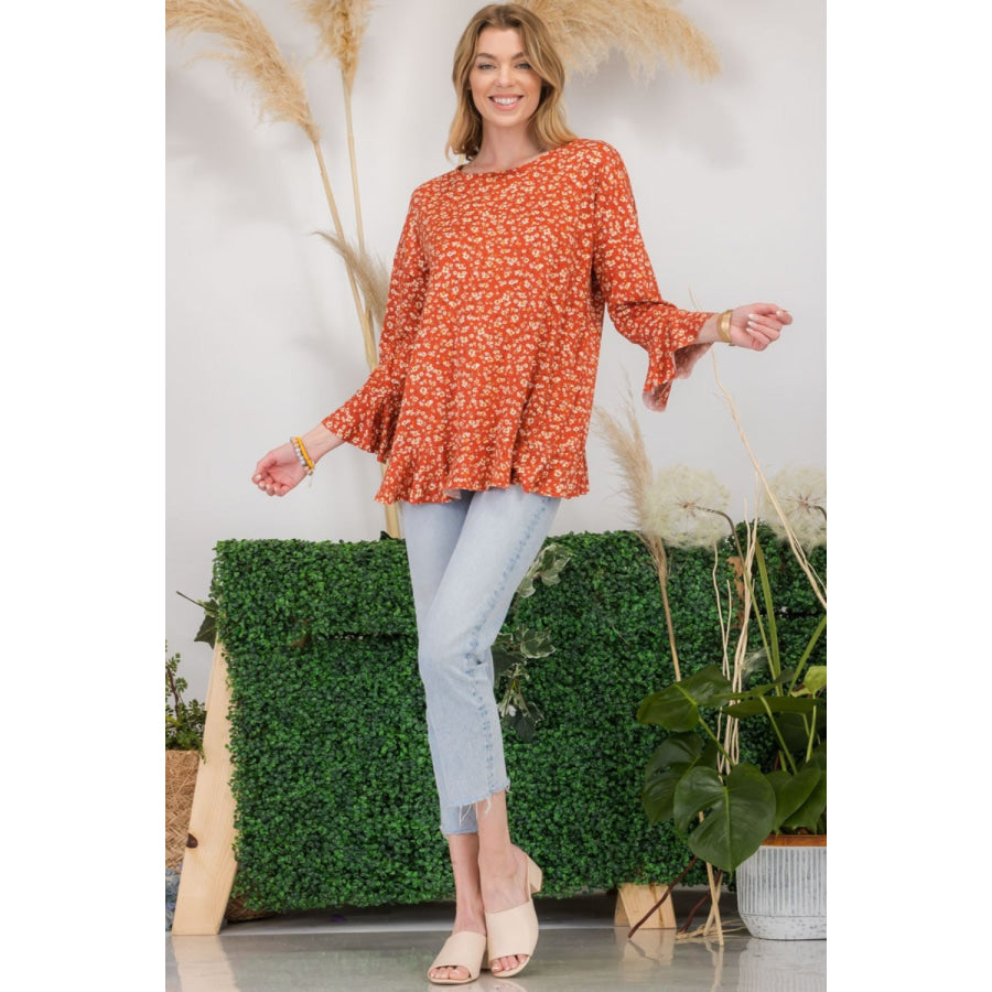 Celeste Full Size Floral Ruffle Detail Top Apparel and Accessories