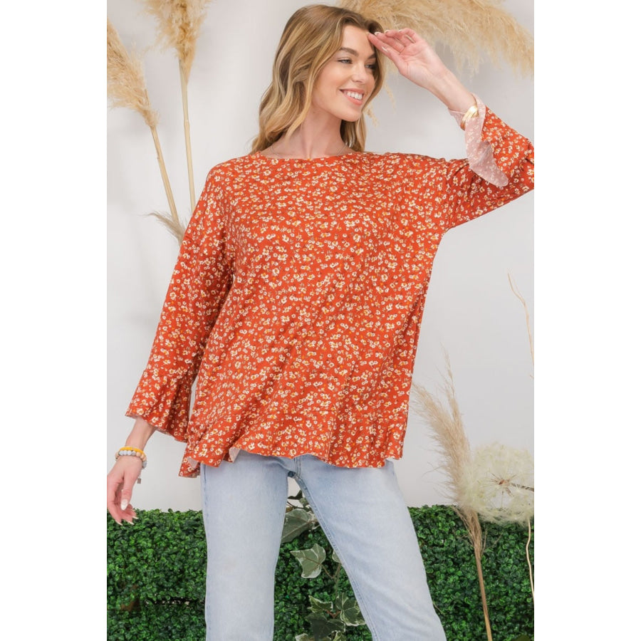 Celeste Full Size Floral Ruffle Detail Top Apparel and Accessories