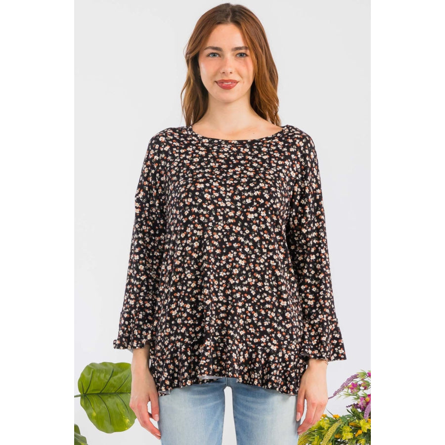 Celeste Full Size Floral Ruffle Detail Top Apparel and Accessories