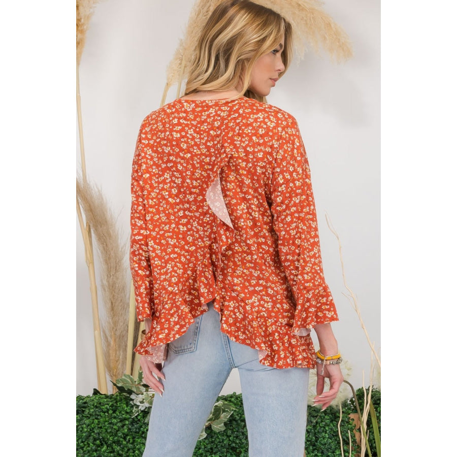 Celeste Full Size Floral Ruffle Detail Top Apparel and Accessories