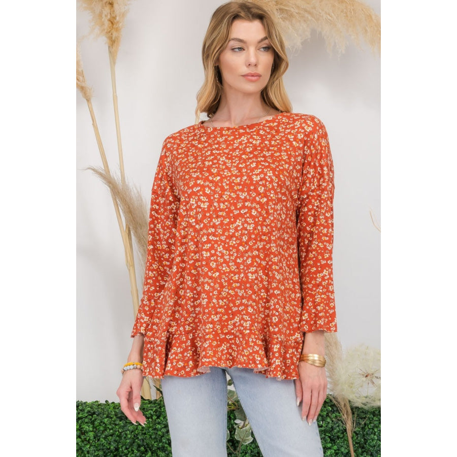 Celeste Full Size Floral Ruffle Detail Top Apparel and Accessories