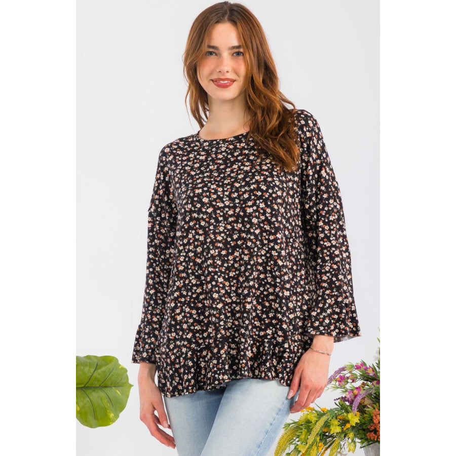 Celeste Full Size Floral Ruffle Detail Top Black / S Apparel and Accessories