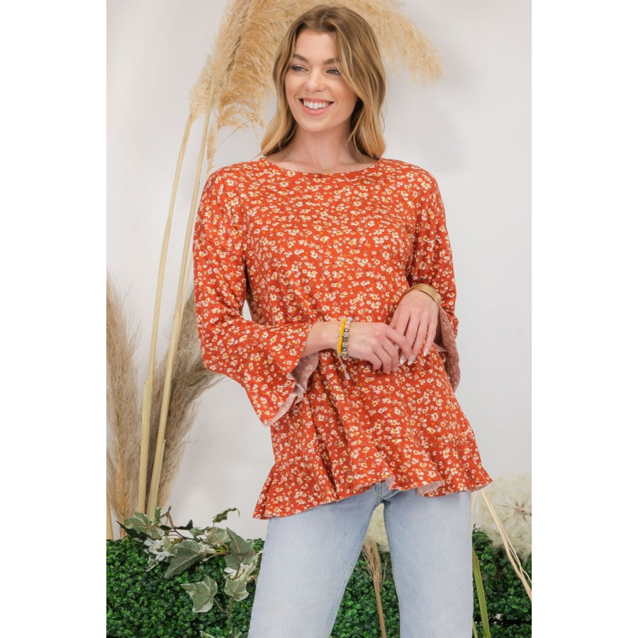 Celeste Full Size Floral Ruffle Detail Top Rust / S Apparel and Accessories