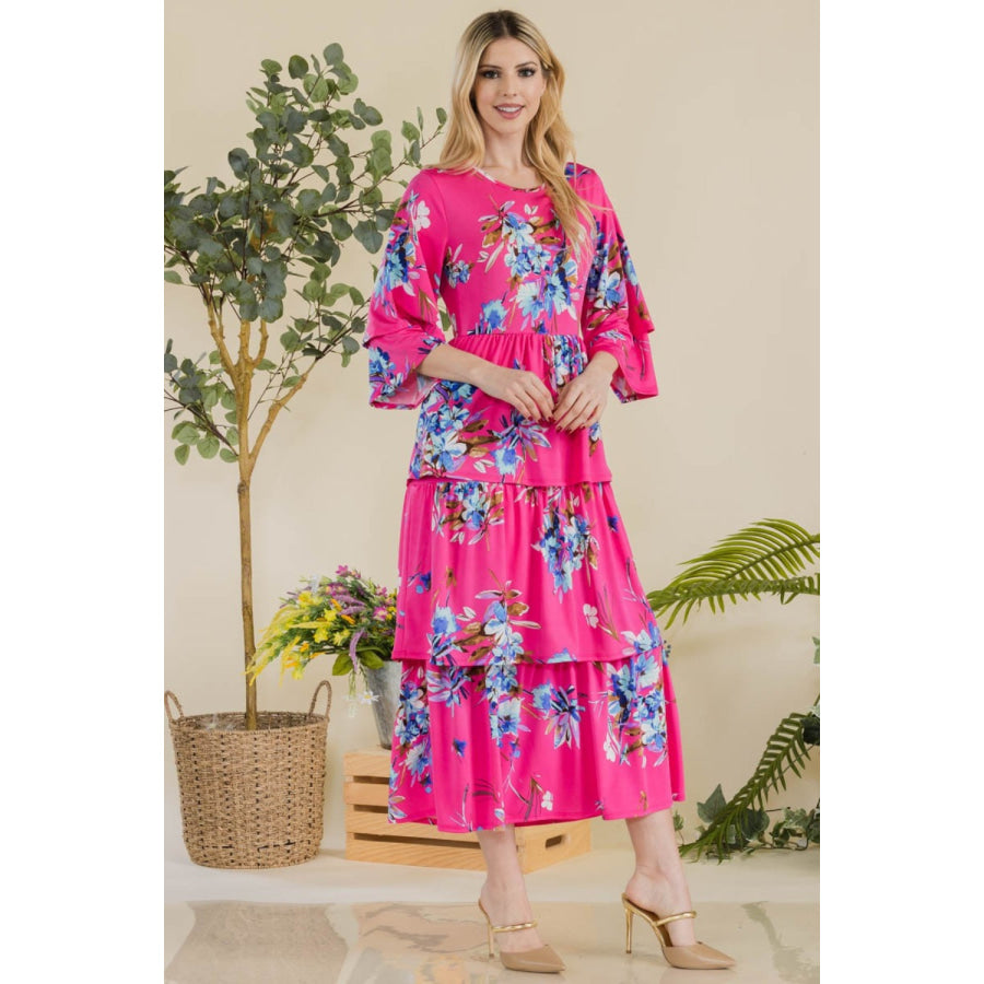 Celeste Full Size Floral Ruffle Tiered Midi Dress Apparel and Accessories