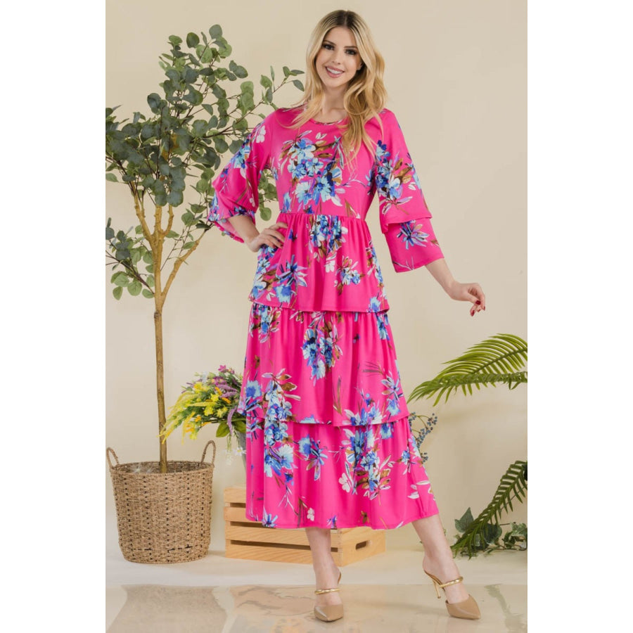 Celeste Full Size Floral Ruffle Tiered Midi Dress FUCHSIA FL / S Apparel and Accessories