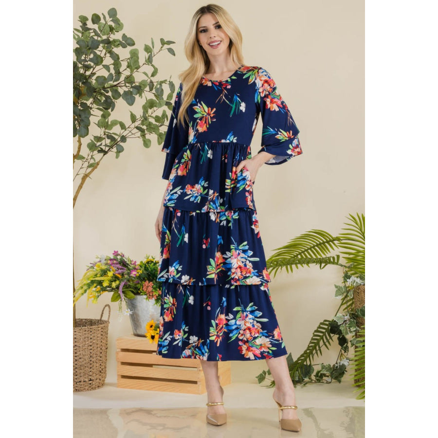 Celeste Full Size Floral Ruffle Tiered Midi Dress NAVY FL / S Apparel and Accessories