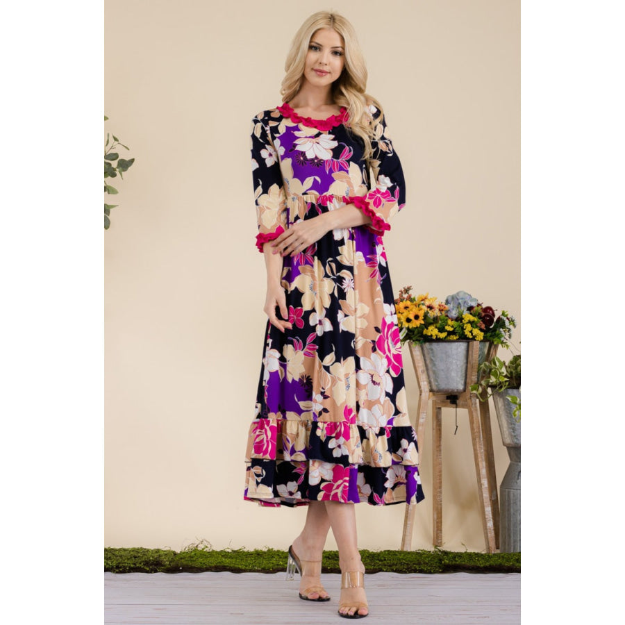 Celeste Full Size Floral Ruffled Midi Dress Apparel and Accessories