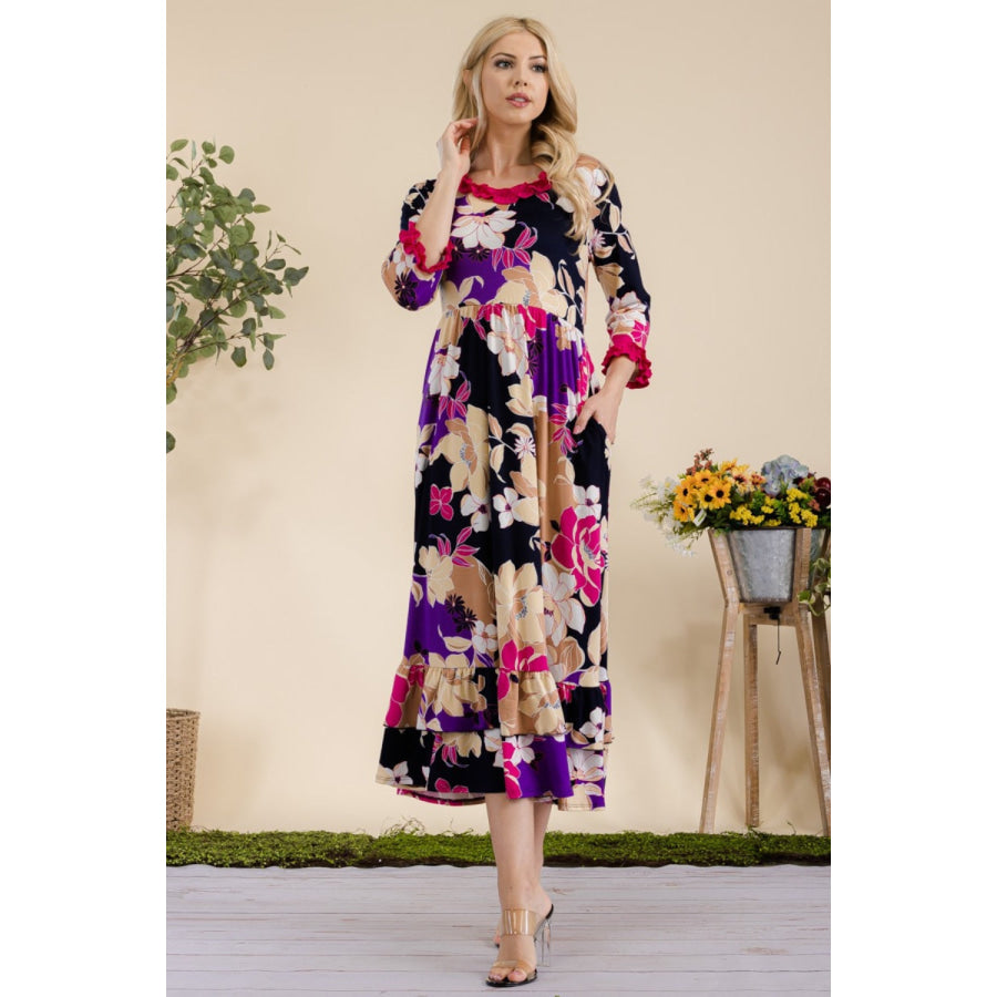 Celeste Full Size Floral Ruffled Midi Dress Apparel and Accessories