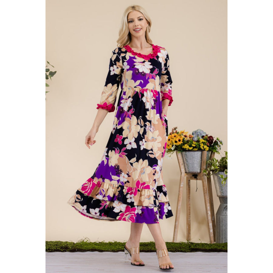 Celeste Full Size Floral Ruffled Midi Dress Apparel and Accessories