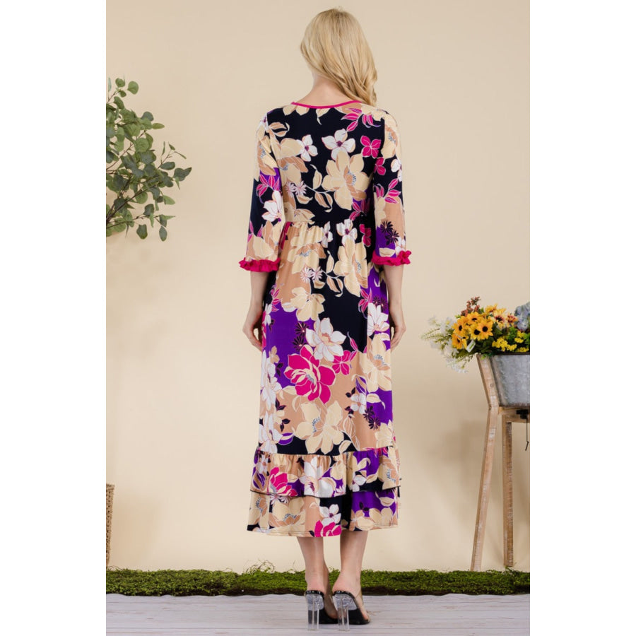 Celeste Full Size Floral Ruffled Midi Dress Apparel and Accessories