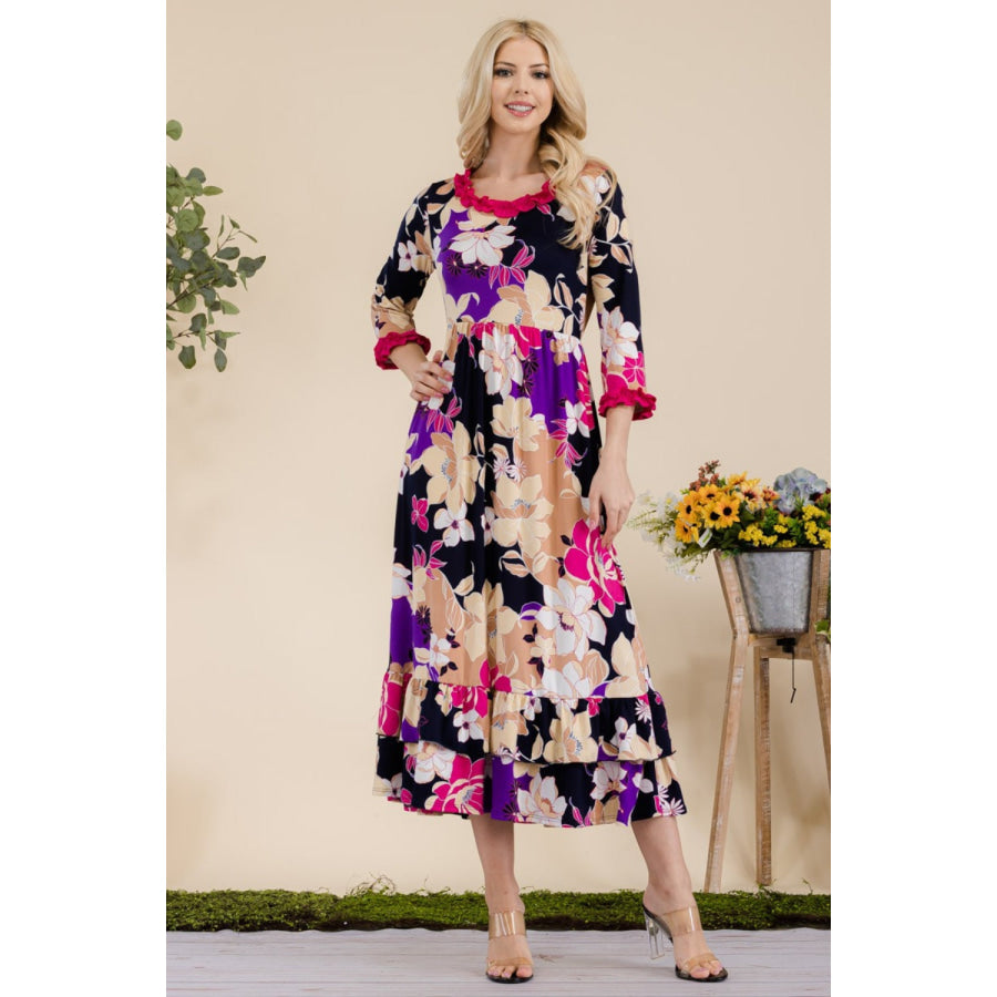 Celeste Full Size Floral Ruffled Midi Dress Navy Fuchsia Floral / S Apparel and Accessories